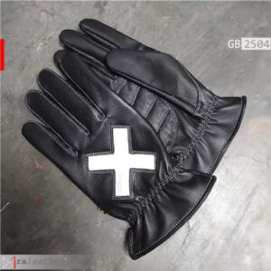 RA Leather GB2504 full finger black leather gloves with white cross detail on back hand front view