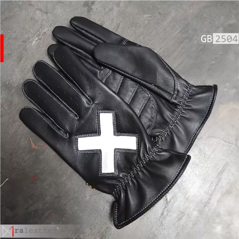 Full-Finger Black Leather Gloves with White Cross Detail RA Leather GB2504 full finger black leather gloves with white cross detail on back hand front view