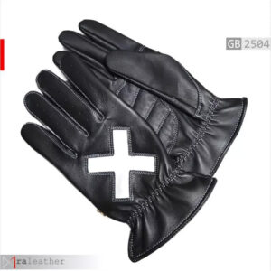 Black leather gloves white cross RA Leather GB2504 gothic punk rock style genuine leather riding
