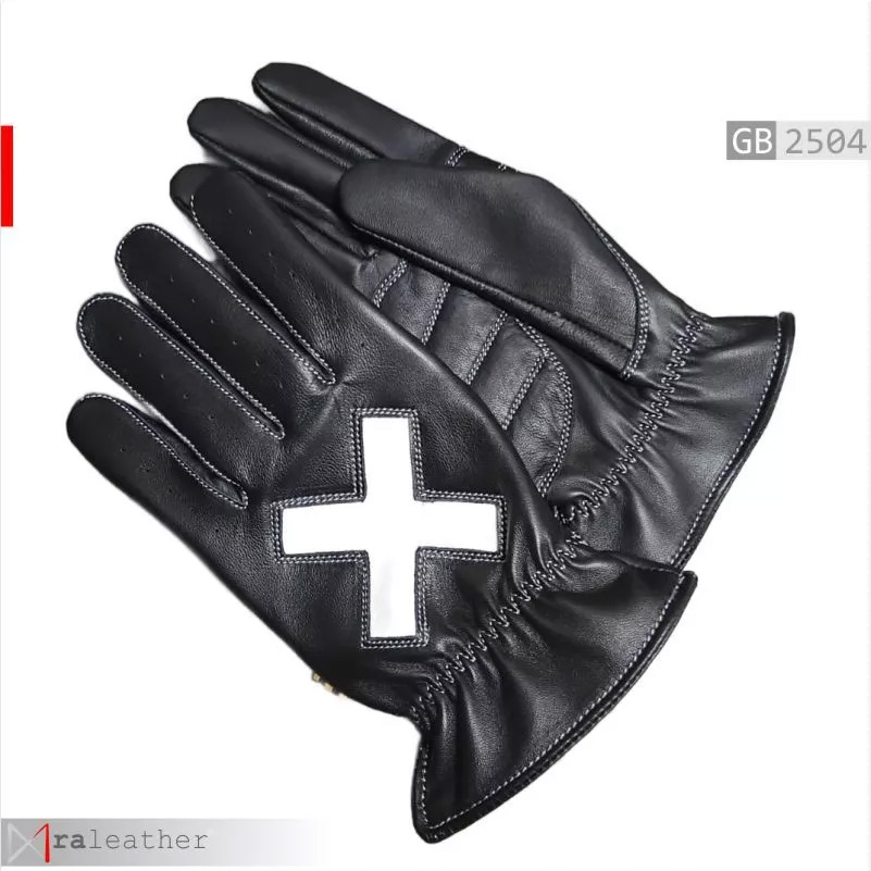 Full-Finger Black Leather Gloves with White Cross Detail1 Black leather gloves white cross RA Leather GB2504 gothic punk rock style genuine leather riding
