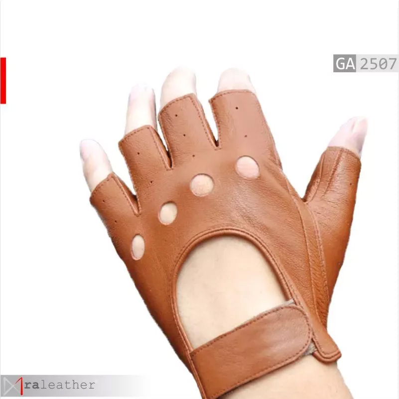 Half-Finger Retro Tan Leather Gloves1 Close up round ventilation holes and adjustable strap with button RA Leather GA2507 tan retro gloves