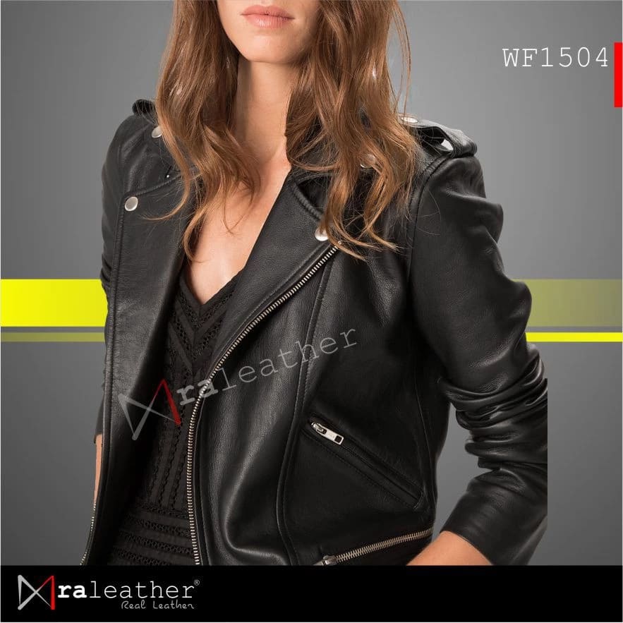 Leather jacket Womens RA Leather WF1504 womens genuine sheep leather biker jacket black asymmetrical zipper front view