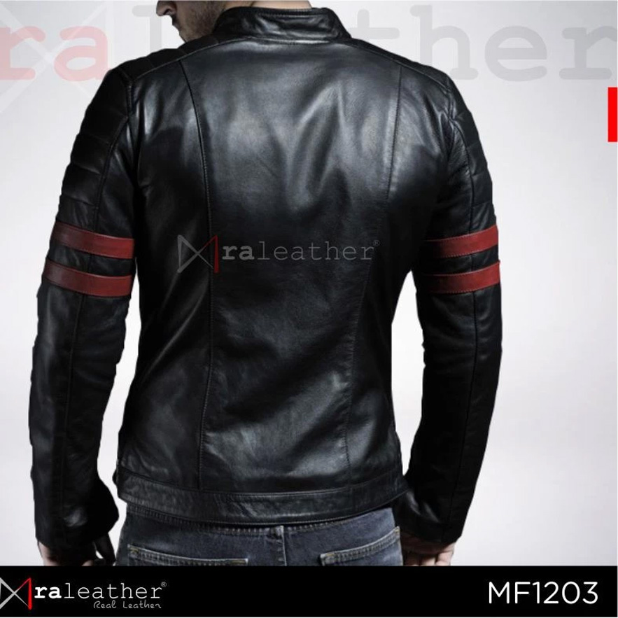 Men’s Biker Jacket (Black with Red Stripes) – 100% Genuine Garut Sheep