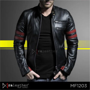 RA Leather MF1203 mens biker jacket black with red stripes 100 percent genuine Garut sheep leather front view