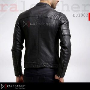 RA Leather BJ1803 mens biker leather jacket 100 percent genuine Garut sheep leather black front view
