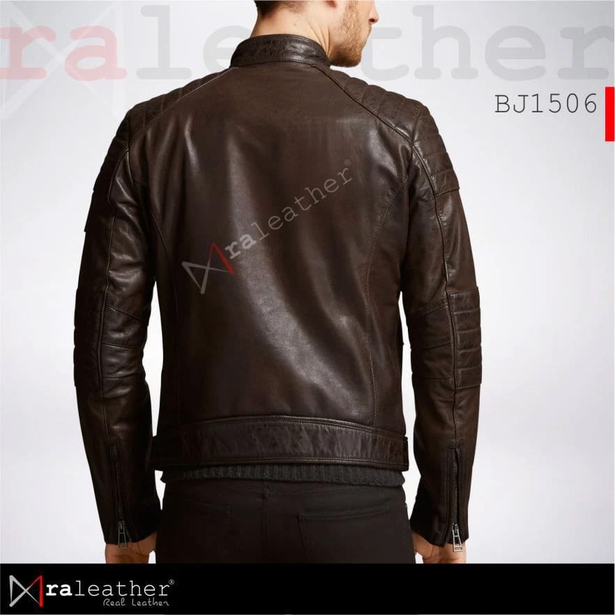 Men’s Biker Leather Jacket BJ1506 – Premium Genuine Sheepskin RA Leather Garut1 Close-up detail of stitching and premium leather texture BJ1506