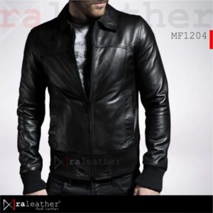 Close up YKK zipper and Garut sheep leather texture RA Leather MF1204 mens bomber jacket detail