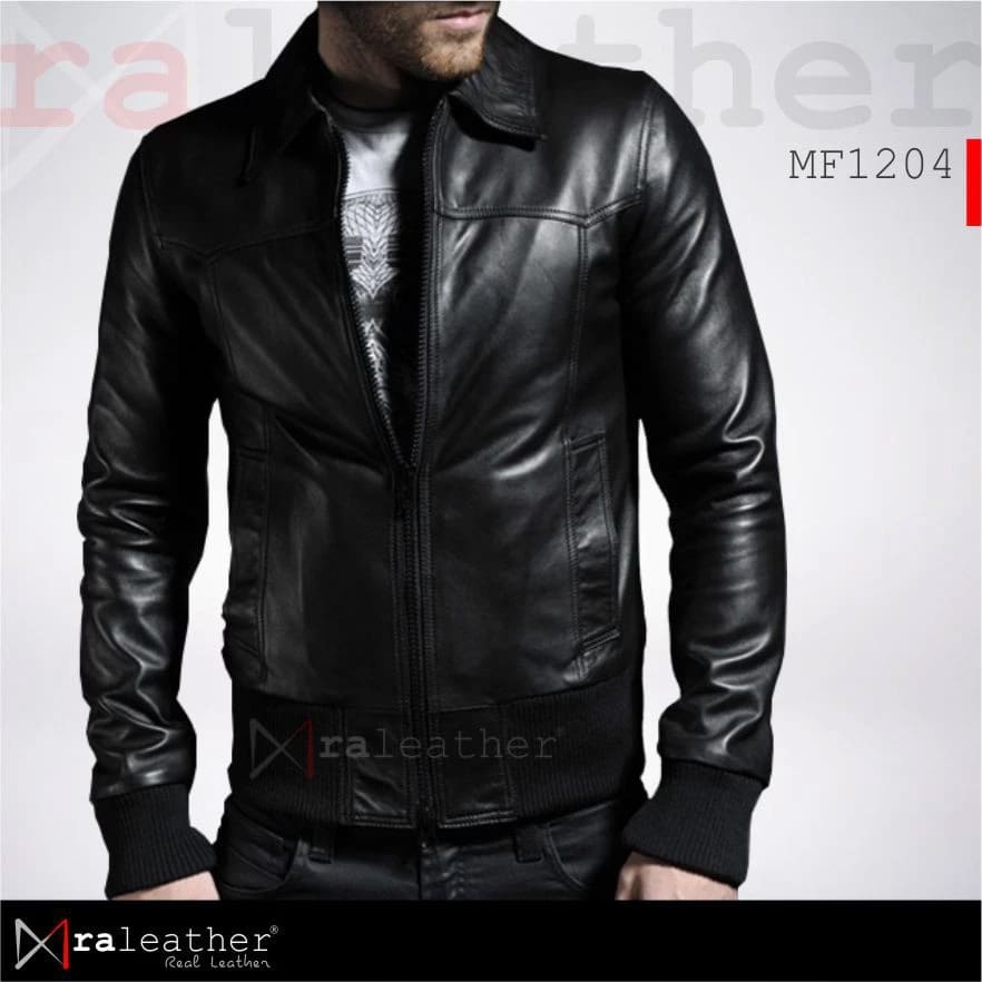 Men’s Bomber Leather Jacket (100 Genuine Garut Sheep Leather)1 Close up YKK zipper and Garut sheep leather texture RA Leather MF1204 mens bomber jacket detail