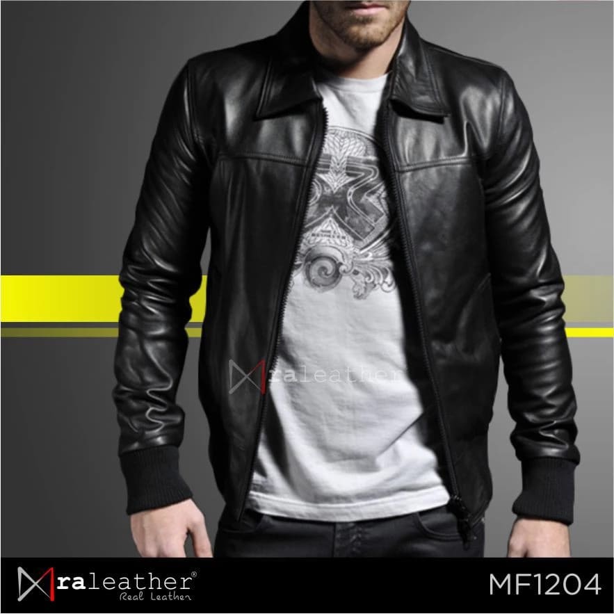 Men's Bomber Leather Jacket (100 Genuine Garut Sheep Leather)3 RA Leather MF1204 mens bomber leather jacket 100 percent genuine Garut sheep leather black front view