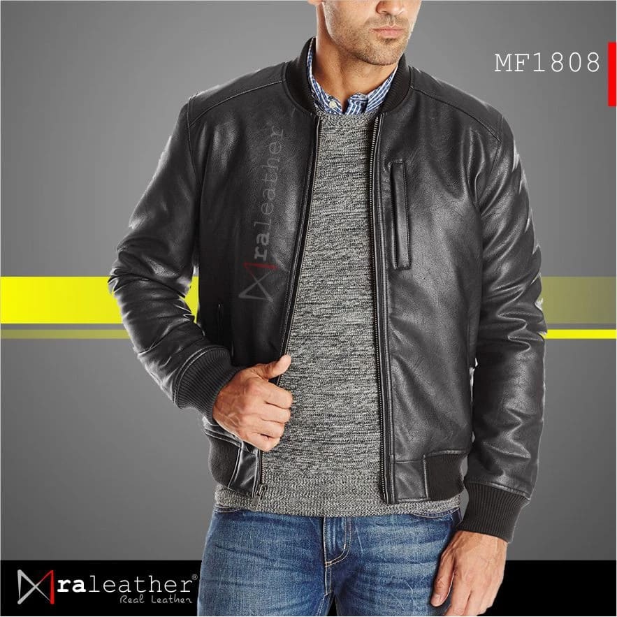 Men’s Bomber Leather Jacket MF1808 – 100 Genuine Sheepskin RA Leather Garut Premium1 Men’s bomber leather jacket MF1808 made from genuine sheepskin leather