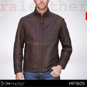 RA Leather MF1605 mens elegant two tone leather jacket dark brown combined with light brown 100 percent genuine Garut sheep leather front view