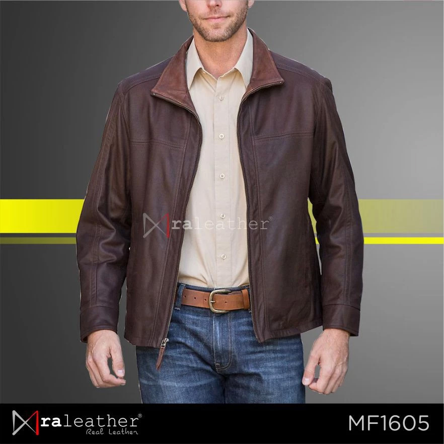 Men's Elegant Leather Jacket (Dark Brown + Light Brown Combination)2 Men's dark brown and light brown two tone leather jacket RA Leather MF1605 elegant style genuine Garut sheep leather