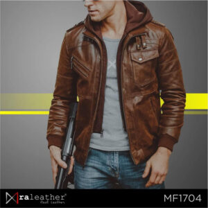 RA Leather MF1704 mens hoodie leather jacket 100 percent genuine Garut sheep leather black front view