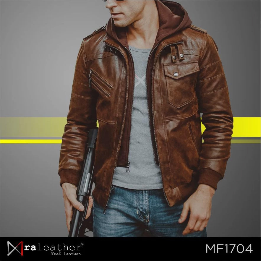 Men's Hoodie Leather Jacket 100% Genuine Garut Sheep Leathe1 RA Leather MF1704 mens hoodie leather jacket 100 percent genuine Garut sheep leather black front view