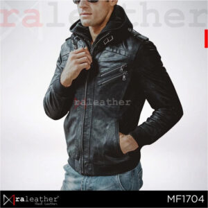 Close up hood and YKK zipper RA Leather MF1704 mens Garut sheep leather jacket detail