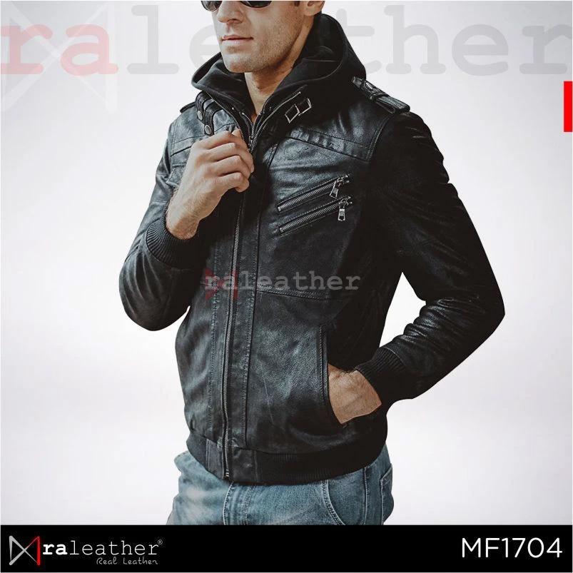 Men’s Hoodie Leather Jacket 100% Genuine Garut Sheep Leather Close up hood and YKK zipper RA Leather MF1704 mens Garut sheep leather jacket detail
