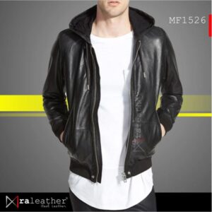 men’s leather hoodie jacket MF1526 genuine sheepskin RA Leather