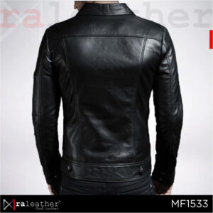 Close up Garut sheep leather texture and YKK zipper RA Leather MF1533 mens jacket detail