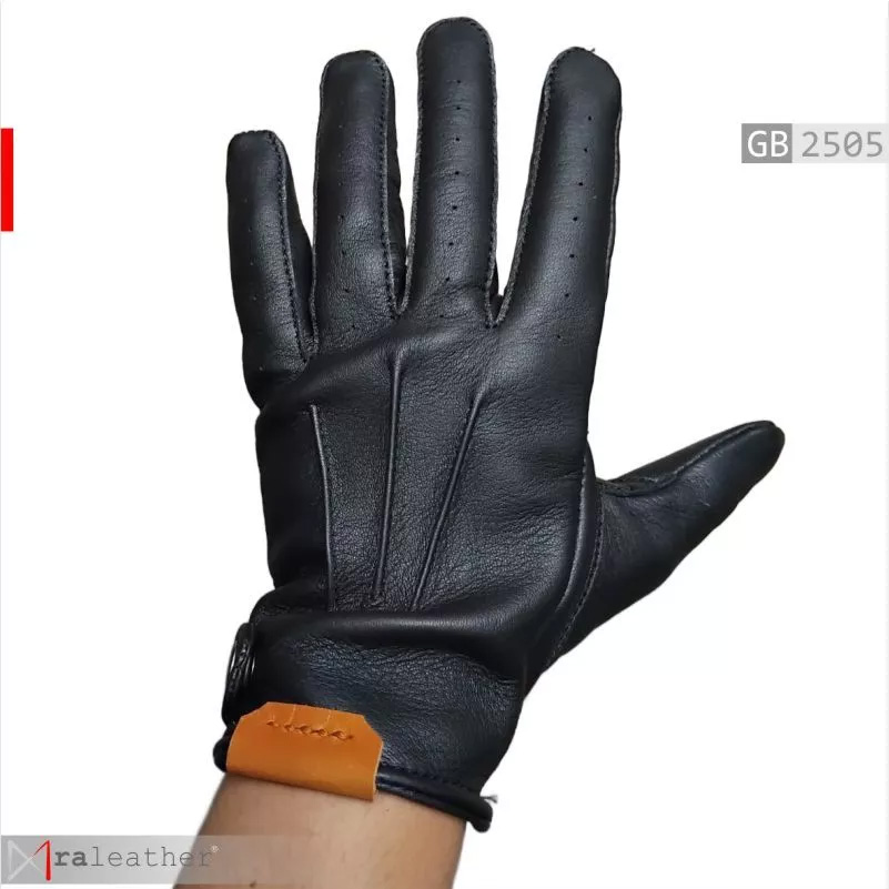 Men’s Premium Full-Finger Black Leather Gloves2 Close up wrist locking strap and precision stitching RA Leather GB2505 premium black gloves