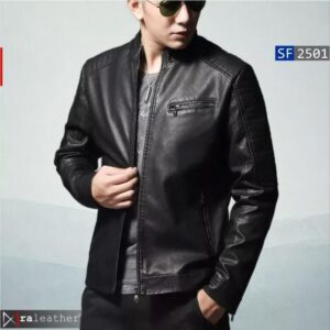 Close up YKK zipper and sheep leather texture RA Leather SF2501 slim fit biker jacket detail