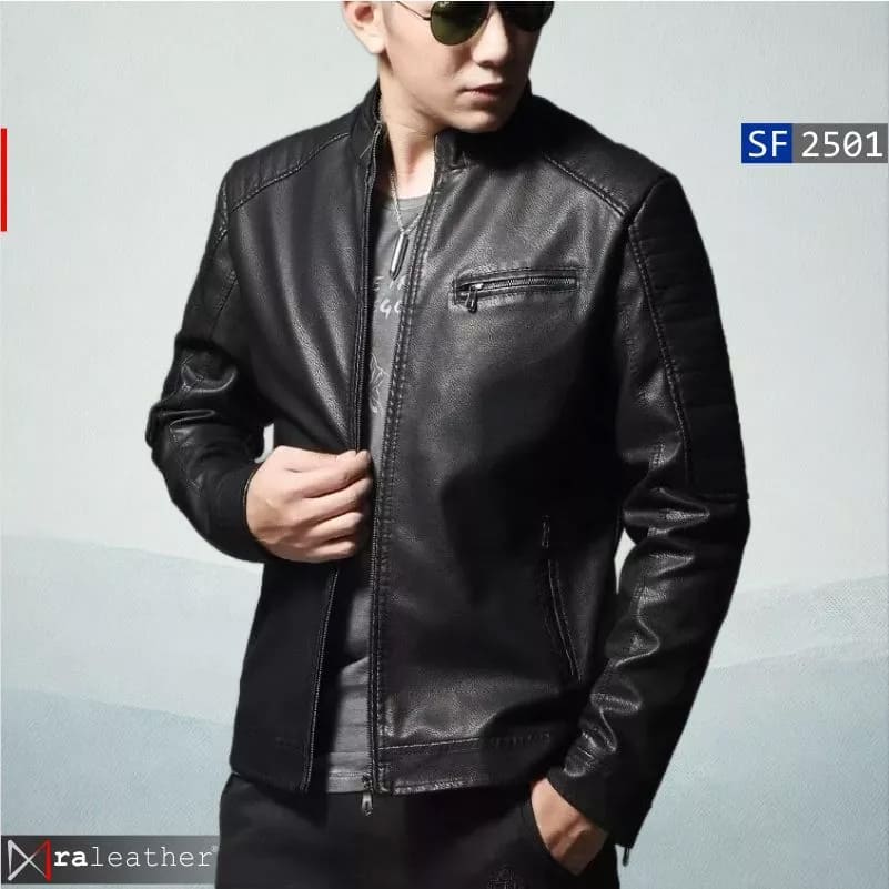 Men's Slim Fit Biker Leather Jacket (100 Genuine Sheep Leather)3 Close up YKK zipper and sheep leather texture RA Leather SF2501 slim fit biker jacket detail