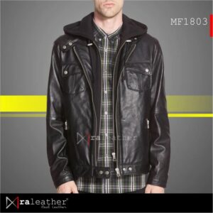 men’s leather jacket MF1803 removable hoodie genuine sheepskin RA Leather