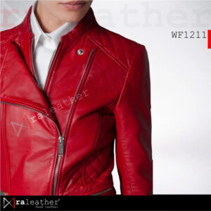 Close up red sheep leather texture and YKK zipper RA Leather WF1211 womens biker jacket