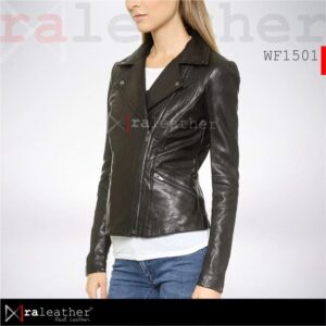 RA Leather WF1501 womens biker jacket genuine Garut sheep leather factory price black front view