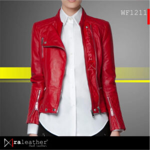 RA Leather WF1211 womens red genuine sheep leather biker jacket bold trendy front view