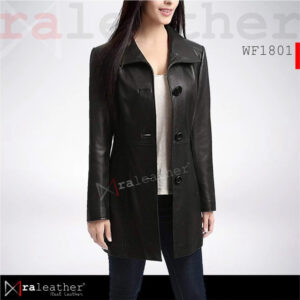 RA Leather LW1801 womens long leather coat elegant genuine sheep leather black front view