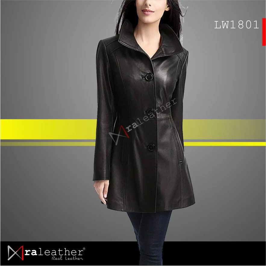 Women's Long Leather Coat Close up YKK zipper and Dormeuil lining RA Leather LW1801 women long leather coat detail