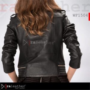 Close up YKK zipper and sheep leather texture RA Leather WF1504 womens biker jacket detail