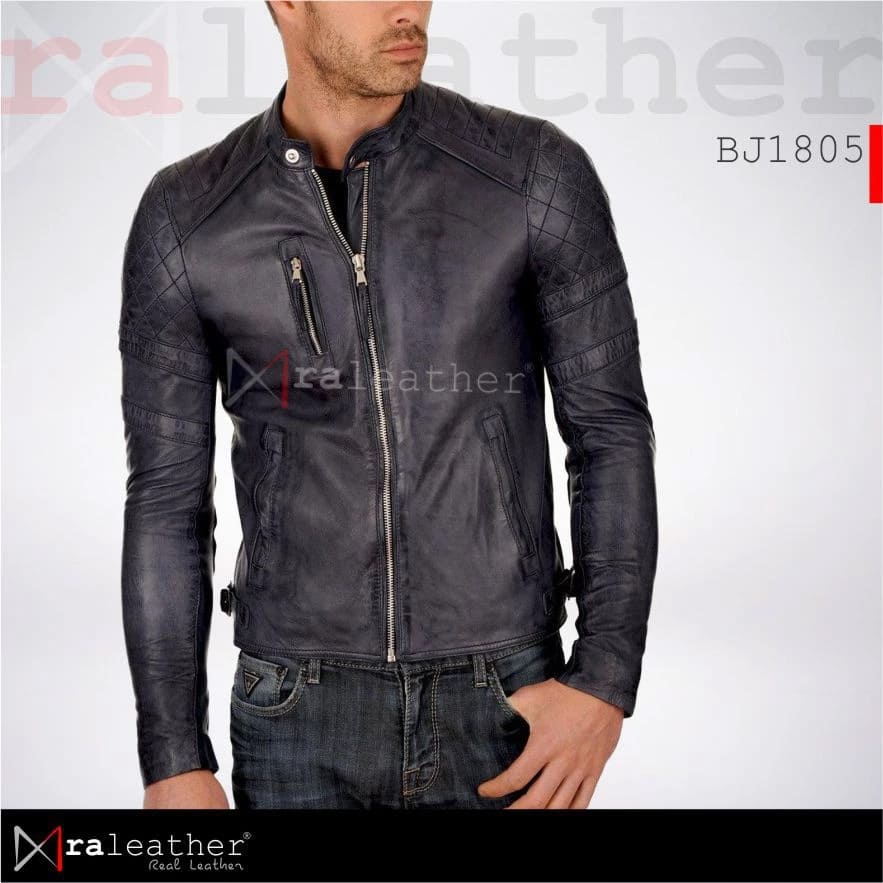 ra-leather-bj1805-men-classic-asymmetrical-biker-jacket-front1 RA Leather BJ1805 mens genuine sheep leather biker jacket black asymmetrical zipper front view