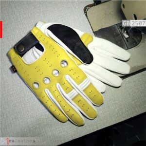 Premium full-finger motorcycle gloves RA Leather GB2507 in white and yellow sporty design