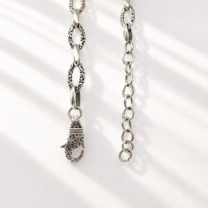 Handmade Bali ornate oval link sterling silver chain necklace detailed texture close up