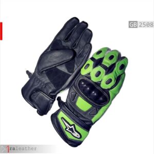 Motorcycle leather gloves with knuckle protection black and green full finger design