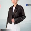 Women wearing FW029 cropped leather jacket front view urban style