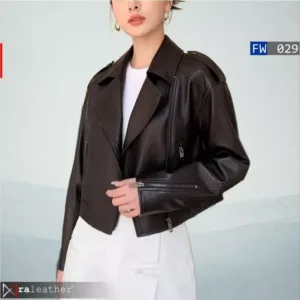 Women wearing FW029 cropped leather jacket front view urban style