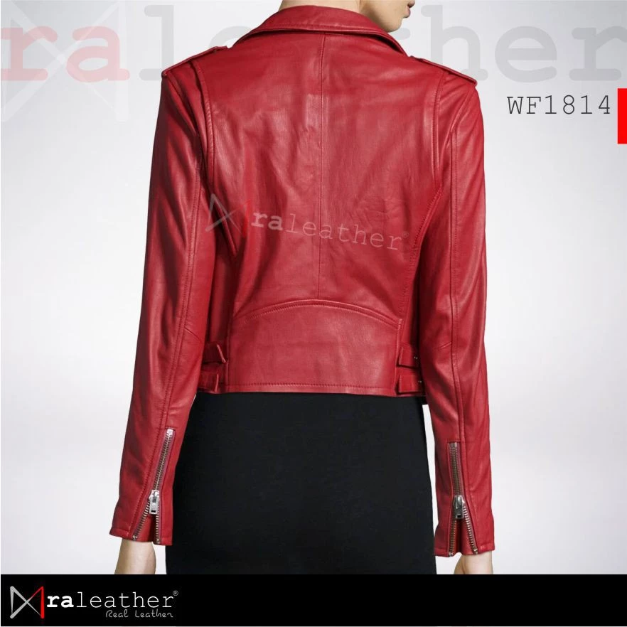 bold-red-sheepskin-moto-jacket-wf1814.jpg Women’s bold red biker leather jacket RA Leather WF1814 front view