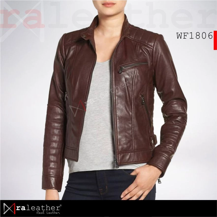 casual-slim-fit-women-leather-jacket-wf1806.jpg Women’s genuine sheepskin leather jacket RA Leather WF1806 front view