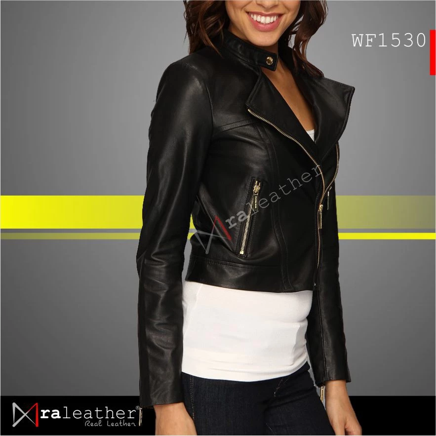 edgy-women-leather-jacket-ra-leather-wf1530-style.jpg Edgy moto style women leather jacket with asymmetrical zipper design