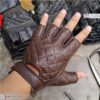 Premium brown quilted half-finger leather gloves RA Leather GA2504 for riding and daily use