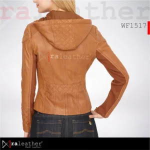 Women’s hooded leather jacket RA Leather WF1517 front view casual style