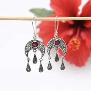 Boho crescent moon earrings crafted in artisan silver design