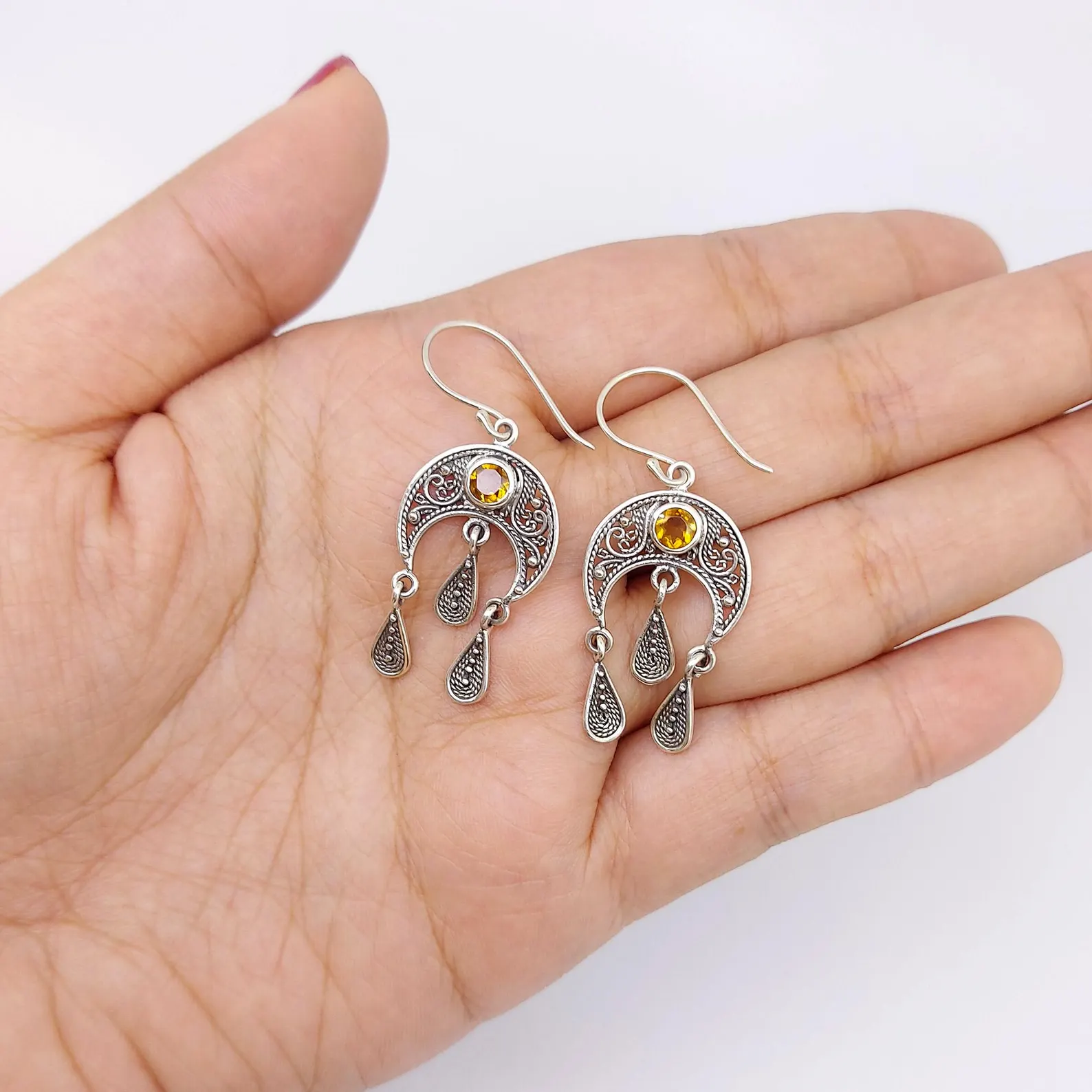Boho Celestial Moon Earrings Side View Lightweight handmade crescent moon earrings for women