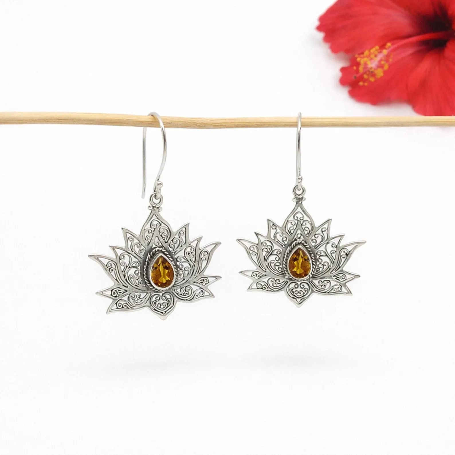 Lotus Filigree Earrings Front View Lightweight sterling silver lotus earrings for women