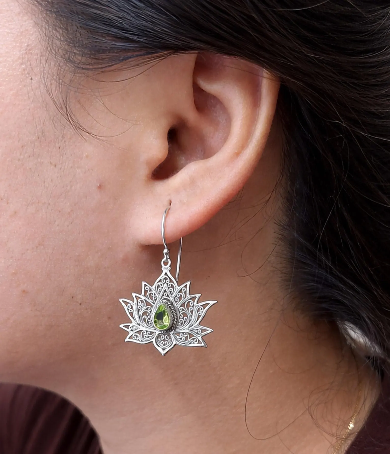 Handmade Filigree Lotus Earrings Detail Shot Close-up of detailed lotus flower earrings in sterling silver