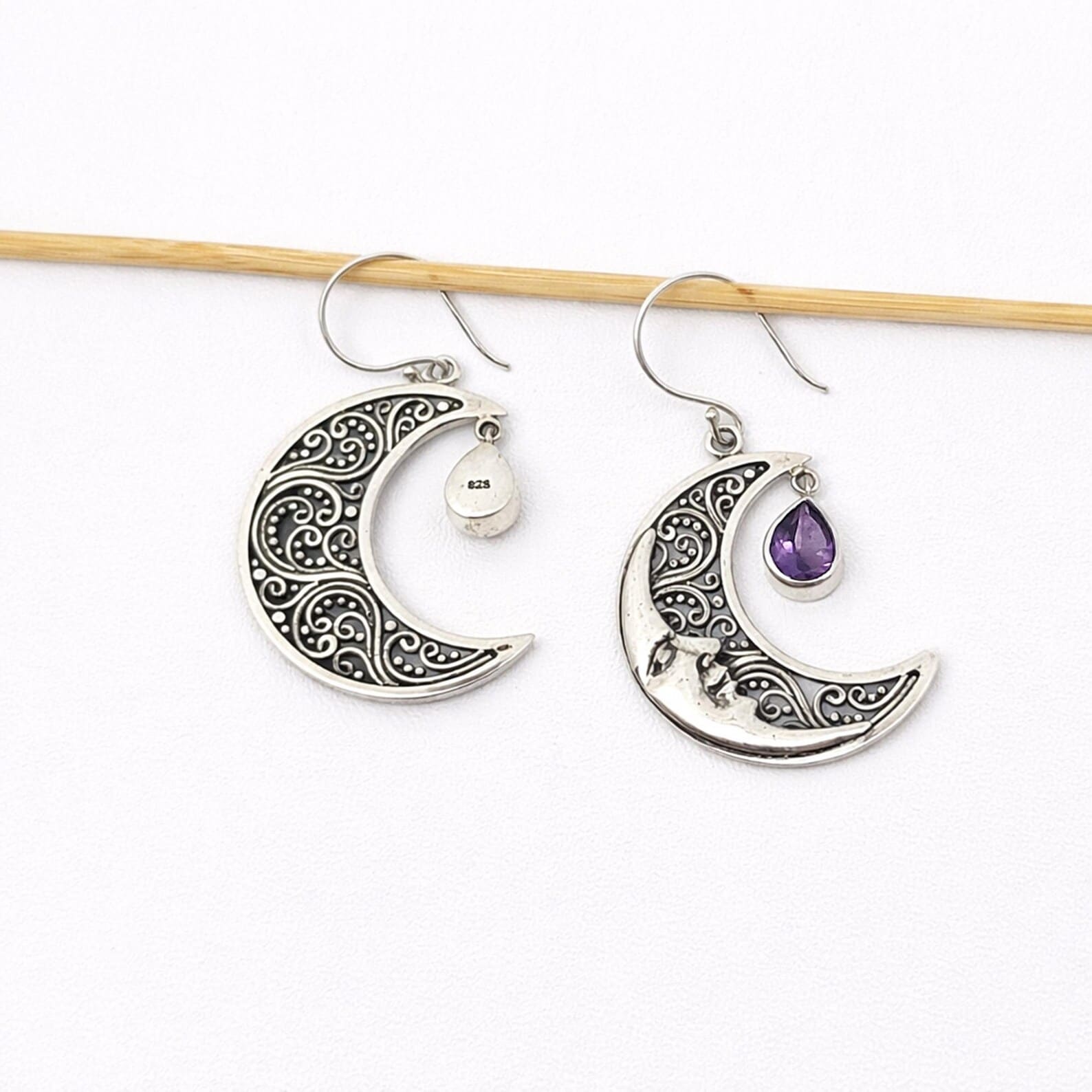 Bali Handmade Moon Earrings Detail Boho celestial earrings with expressive moon face design