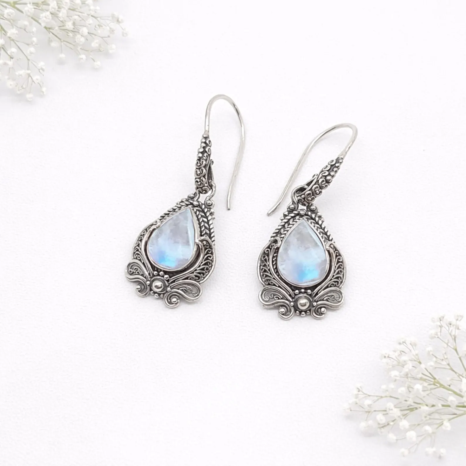 Vintage Gemstone Dangle Earrings Front View Elegant artisan sterling silver earrings with colorful gemstones