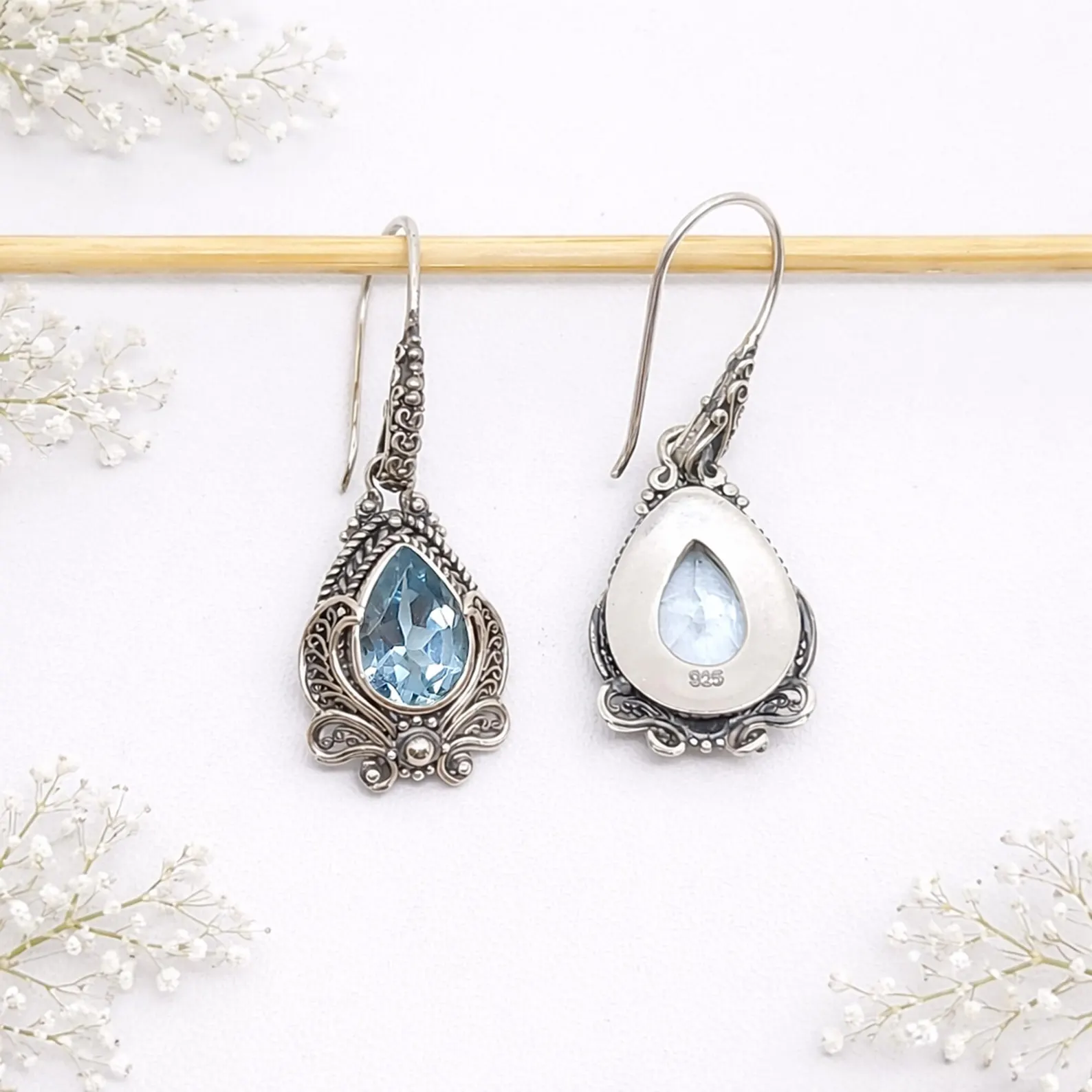 Sterling Silver Gemstone Earrings Close-up Lightweight handmade silver gemstone earrings for women